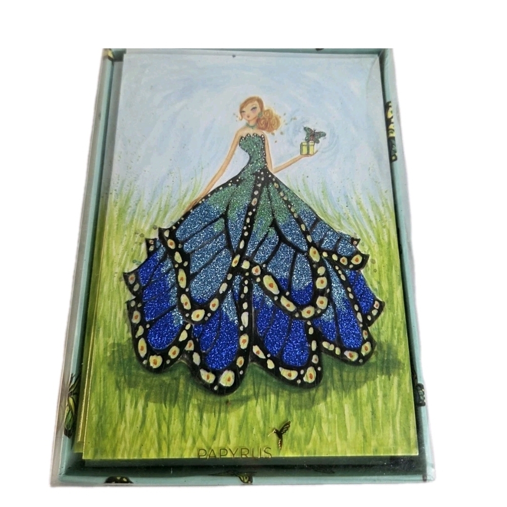 Papyrus Bella Pilar Blank Note Card & Envelope Glitter Butterfly Dress Set of 15